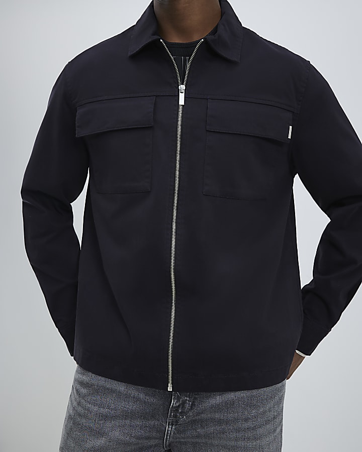River Island Black Regular Fit Zipped Overshirt