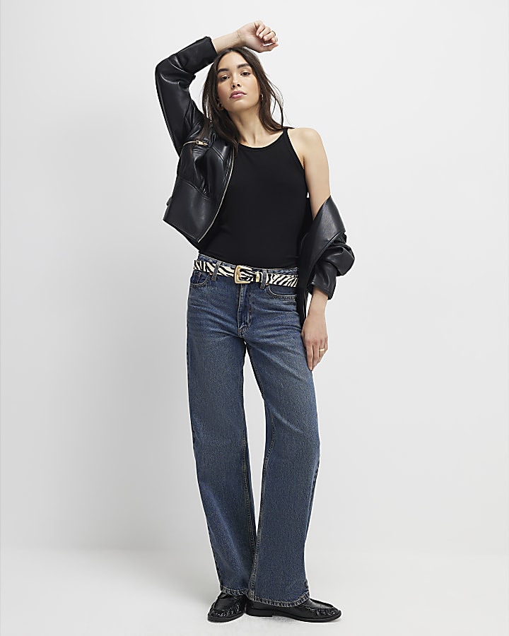 River Island Black Ribbed Racer Front Tank Top