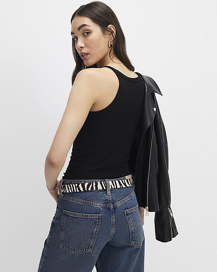 river island Black Ribbed Racer Front Tank Top