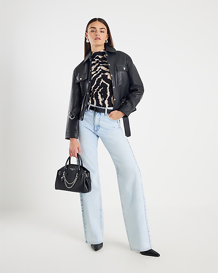 River Island Black Ruched Wavy Print Mesh Top