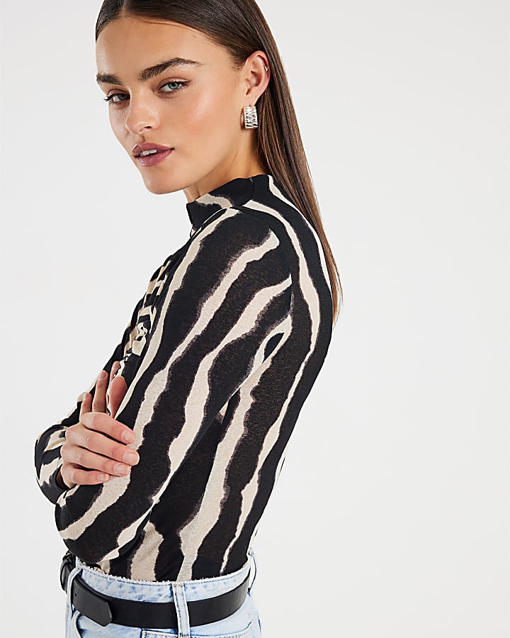 River Island Black Ruched Wavy Print Mesh Top