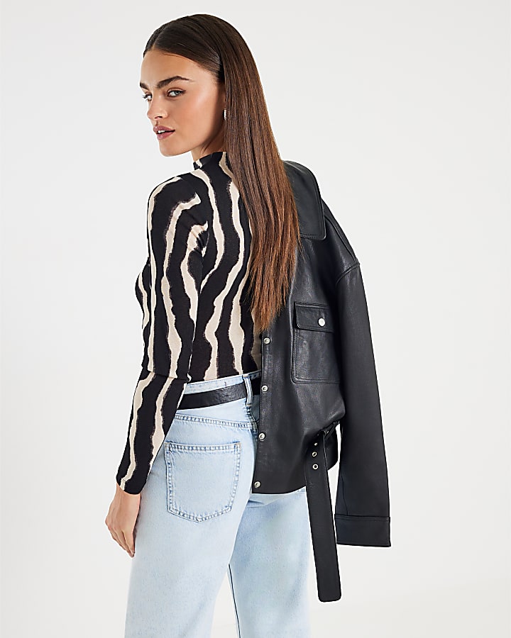 River Island Black Ruched Wavy Print Mesh Top