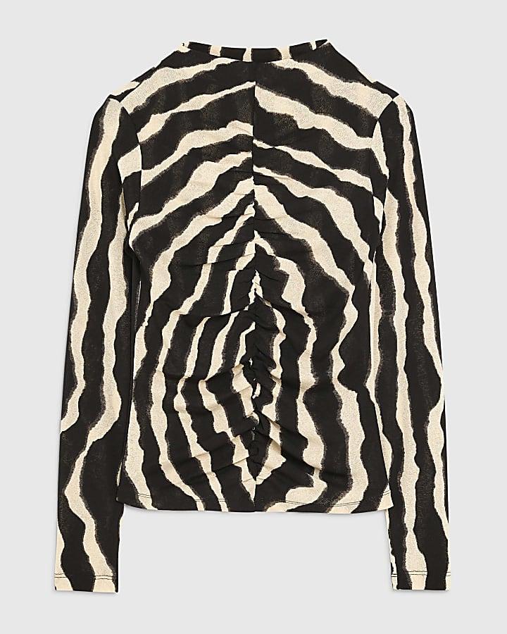 river island Black Ruched Wavy Print Mesh Top