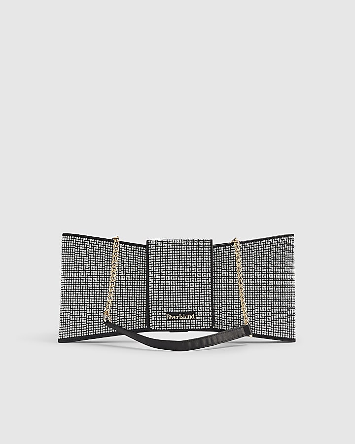 River Island Black Satin Diamante Bow Clutch Bag