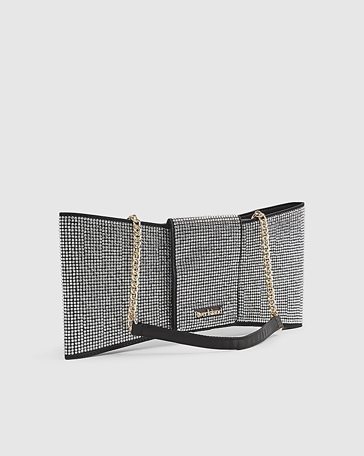 River Island Black Satin Diamante Bow Clutch Bag