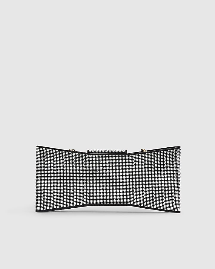 River Island Black Satin Diamante Bow Clutch Bag