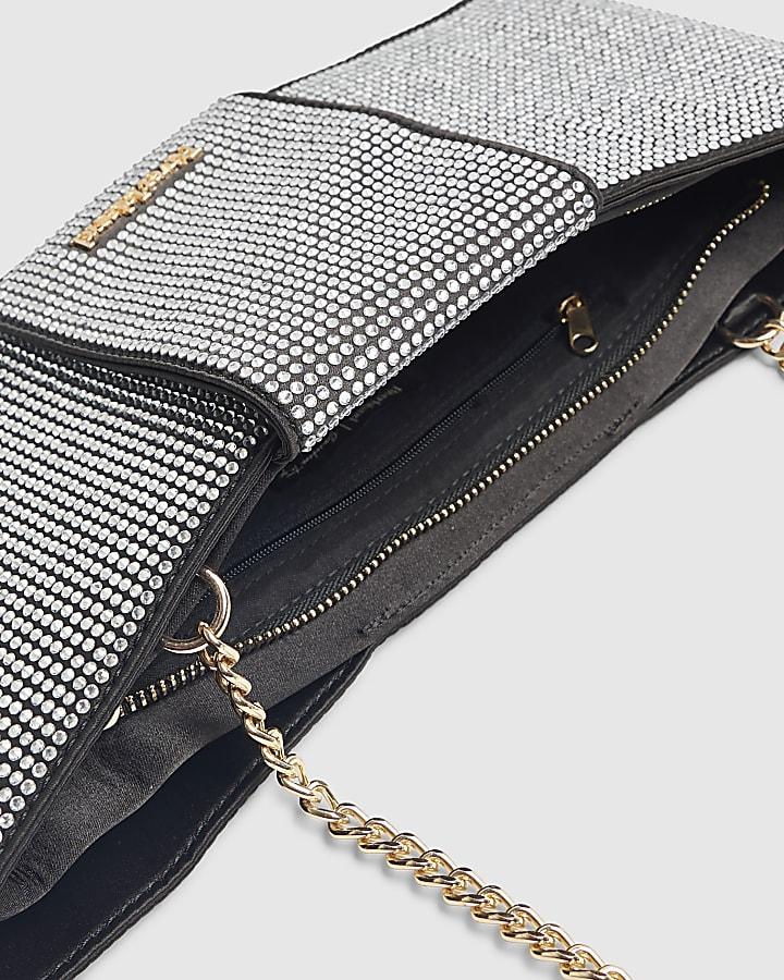 river island Black Satin Diamante Bow Clutch Bag