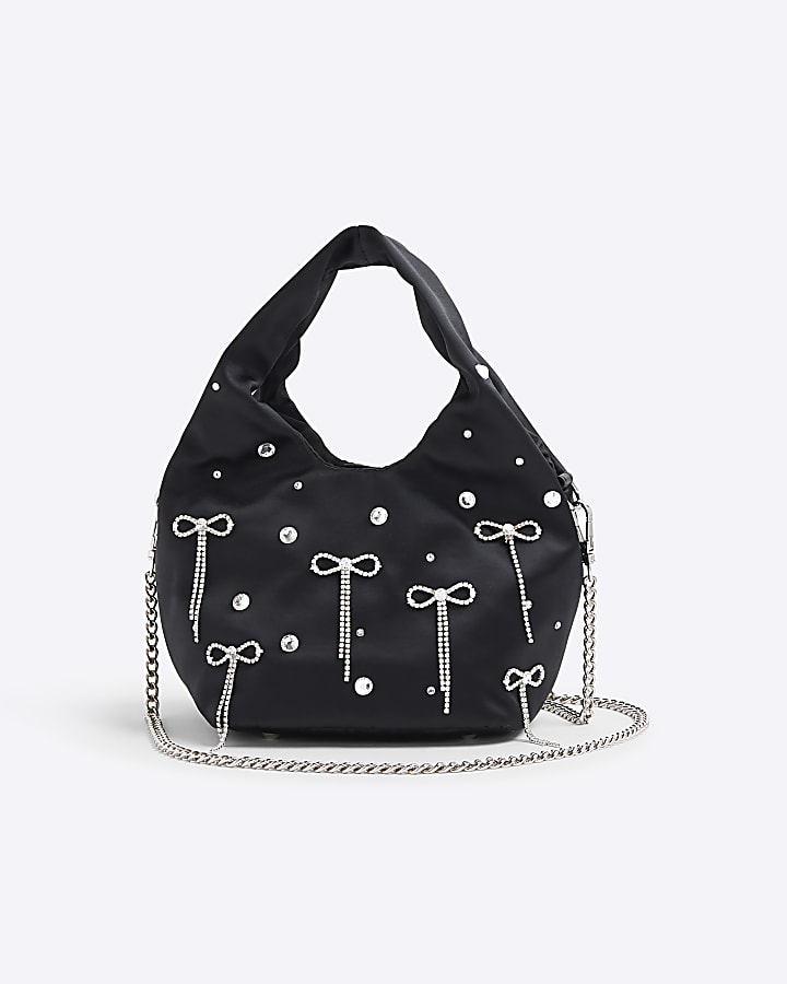 River Island Black Satin Diamante Bow Grab Bag