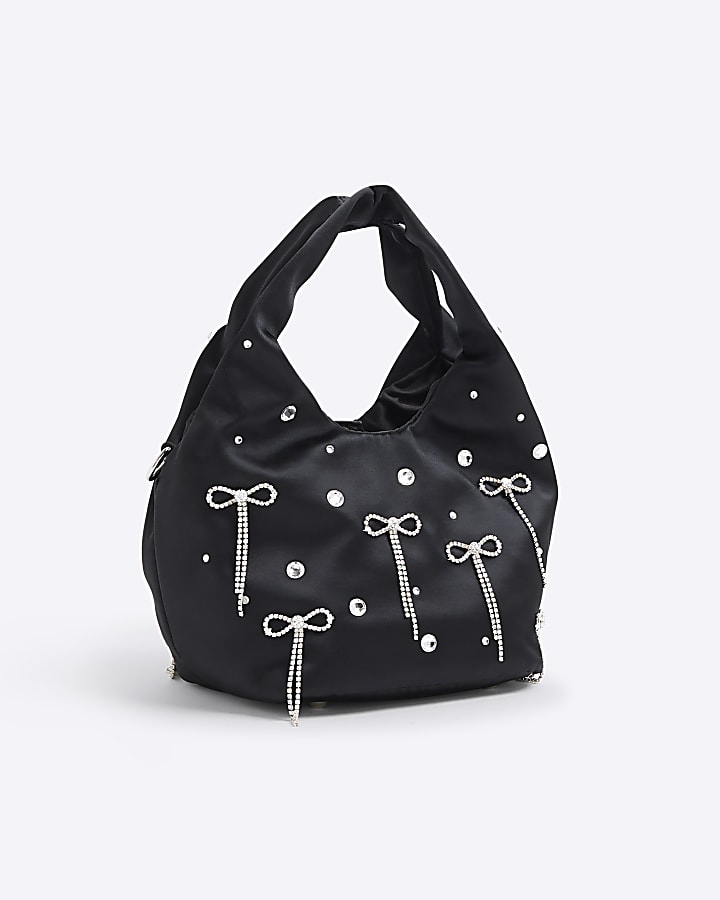 River Island Black Satin Diamante Bow Grab Bag