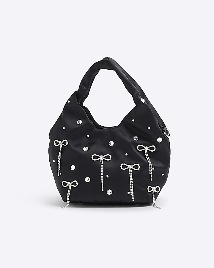 River Island Black Satin Diamante Bow Grab Bag