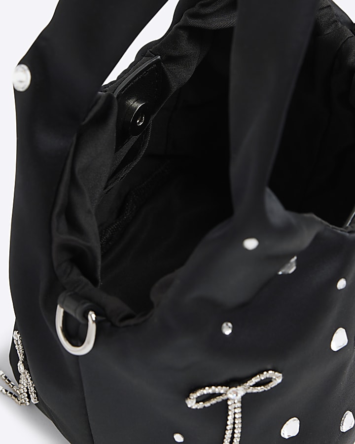 river island Black Satin Diamante Bow Grab Bag