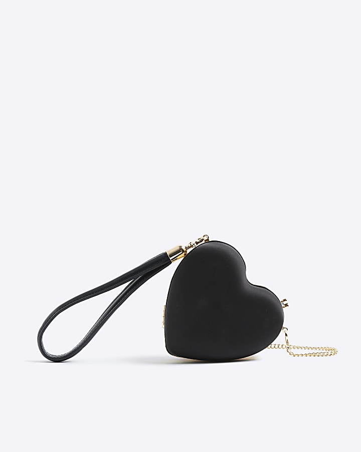 River Island Black Satin Heart Wrist Clutch Bag