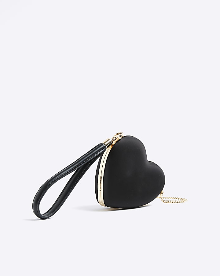 River Island Black Satin Heart Wrist Clutch Bag