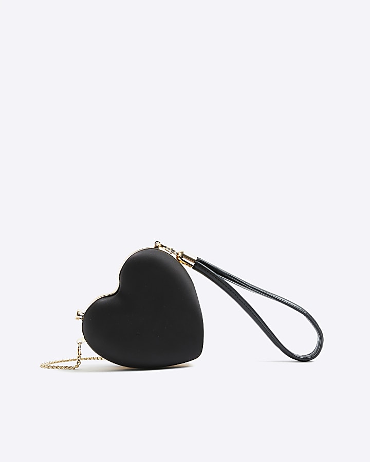 River Island Black Satin Heart Wrist Clutch Bag