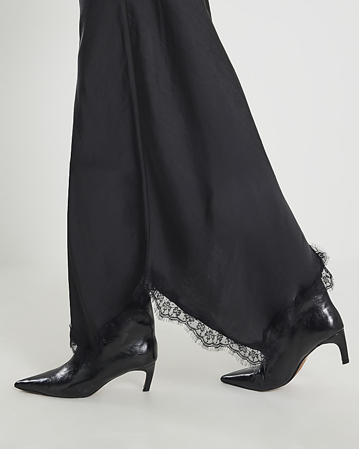 River Island Black Satin Lace Trim Midi Skirt