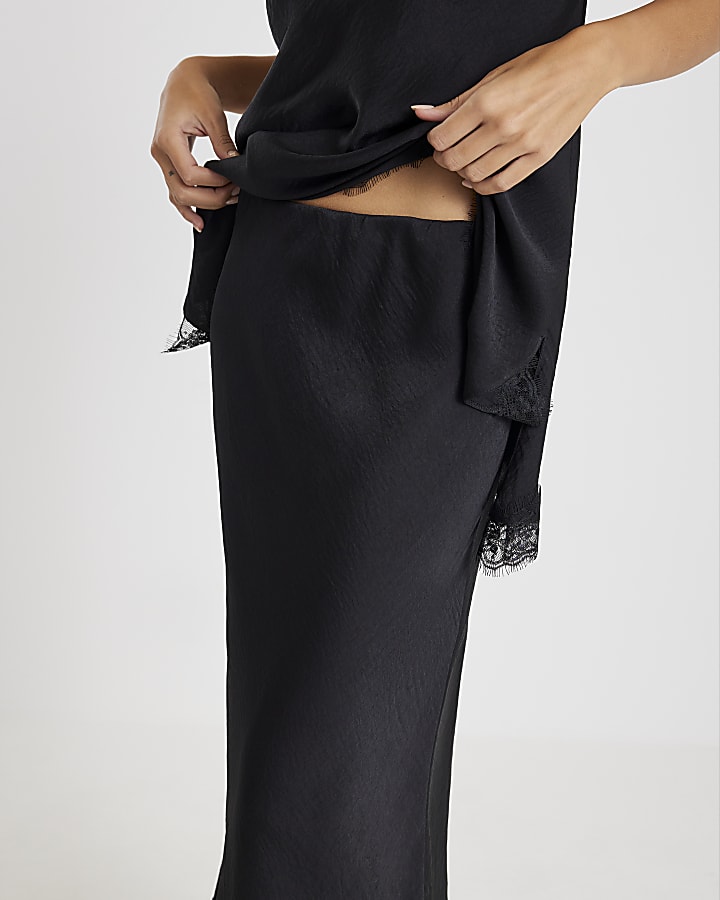River Island Black Satin Lace Trim Midi Skirt