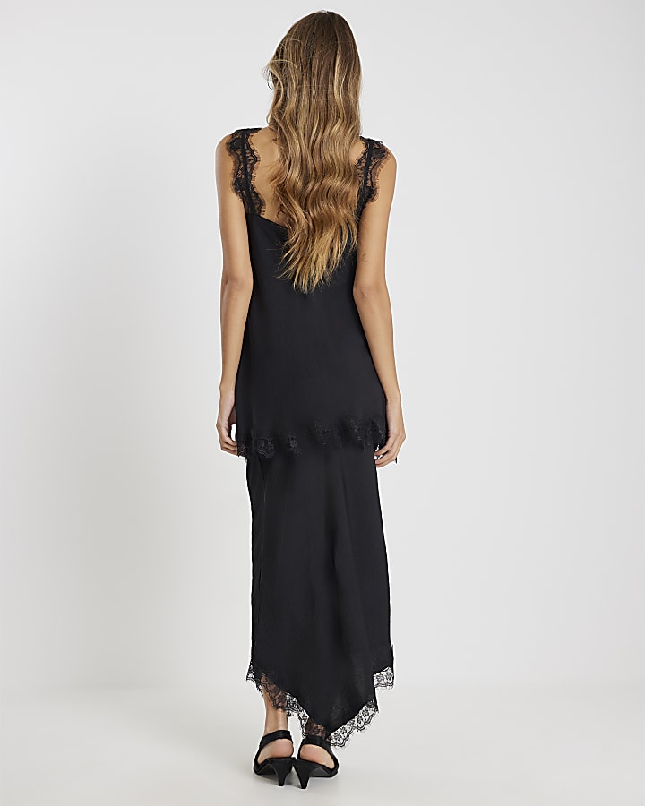 River Island Black Satin Lace Trim Midi Skirt
