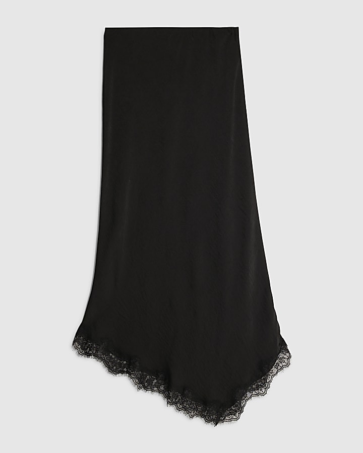 river island Black Satin Lace Trim Midi Skirt