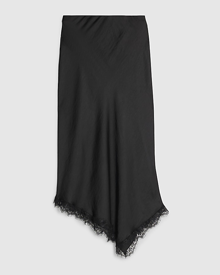 river island Black Satin Lace Trim Midi Skirt