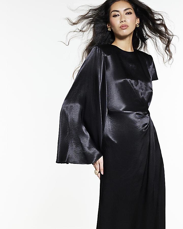 River Island Black Satin One Sleeve Maxi Dress