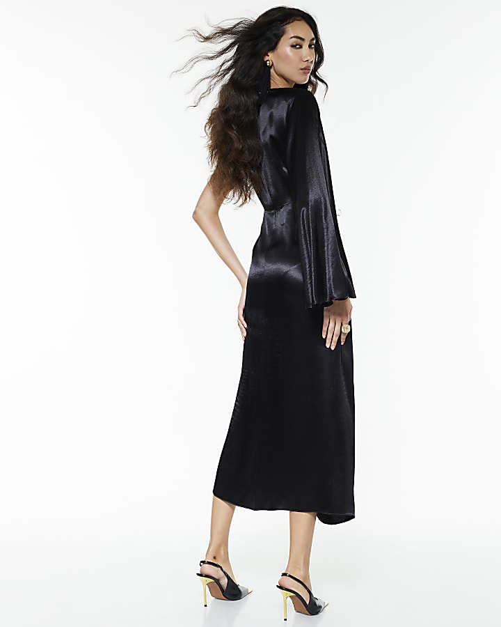 River Island Black Satin One Sleeve Maxi Dress