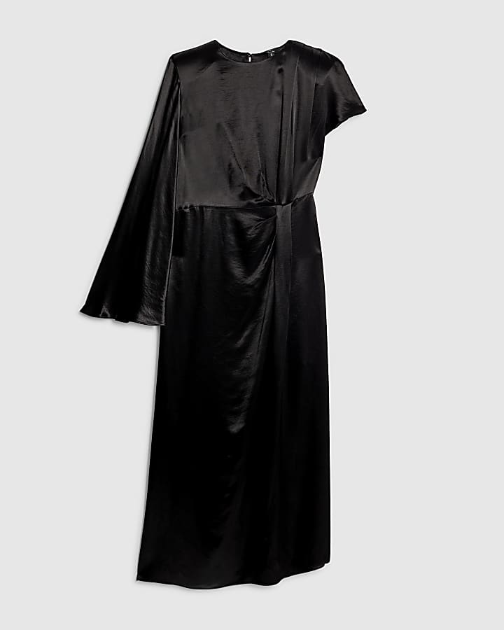 river island Black Satin One Sleeve Maxi Dress