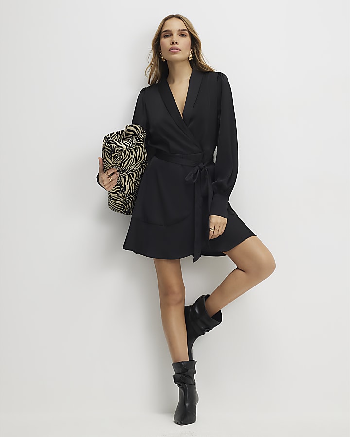 River Island Black Satin Wrap Front Mini Dress