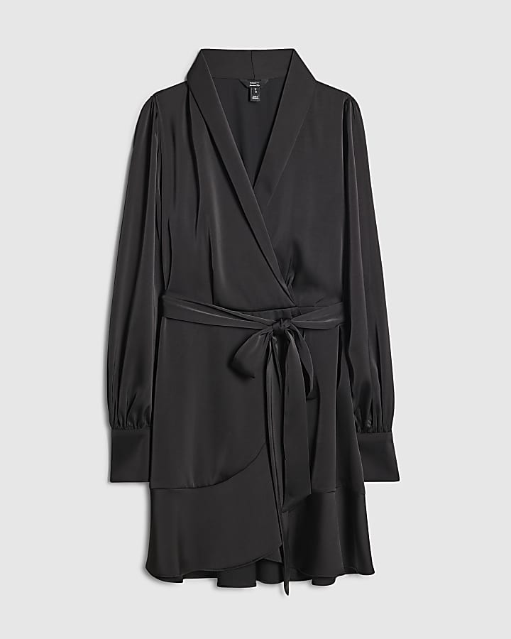 river island Black Satin Wrap Front Mini Dress