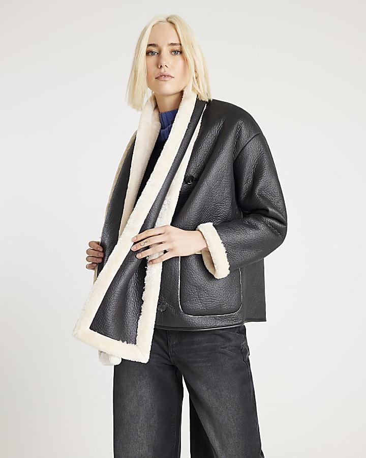 River Island Black Scarf Detail Shearling Jacket