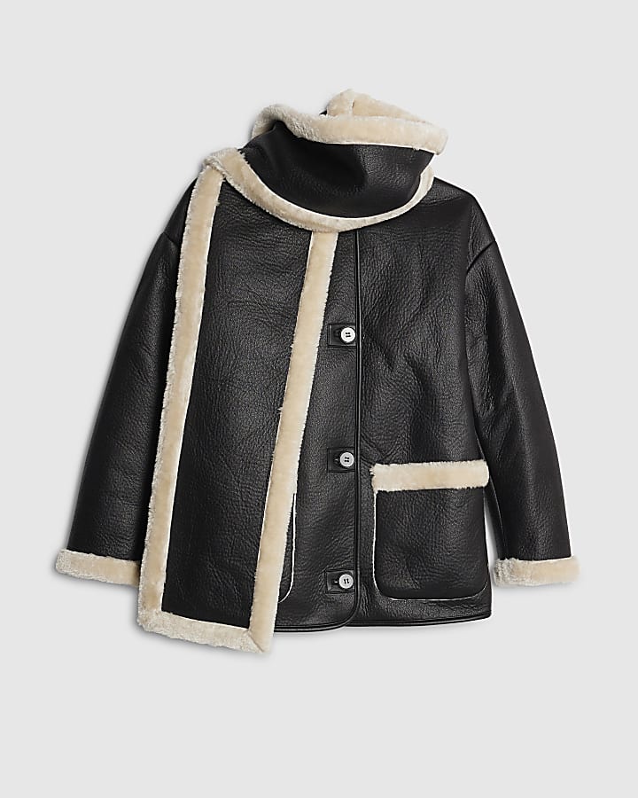 River Island Black Scarf Detail Shearling Jacket