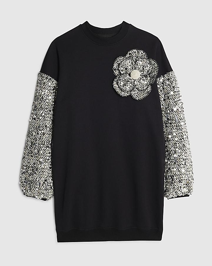 river island Black Sequin Boucle Sweatshirt Dress