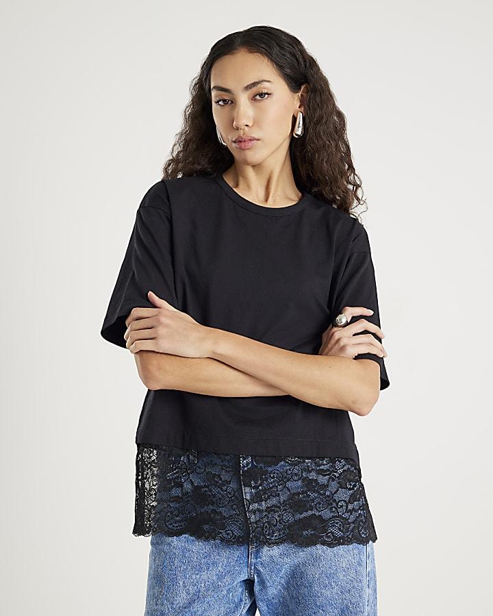 River Island Black Short Sleeve Lace Hem T-shirt