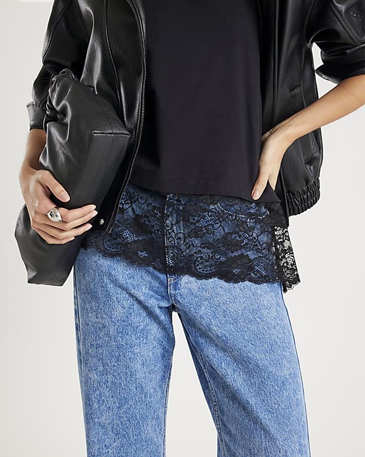 River Island Black Short Sleeve Lace Hem T-shirt
