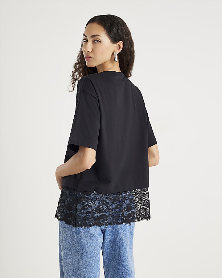 River Island Black Short Sleeve Lace Hem T-shirt
