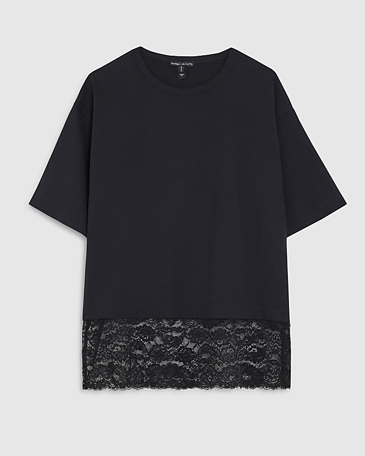 river island Black Short Sleeve Lace Hem T-shirt
