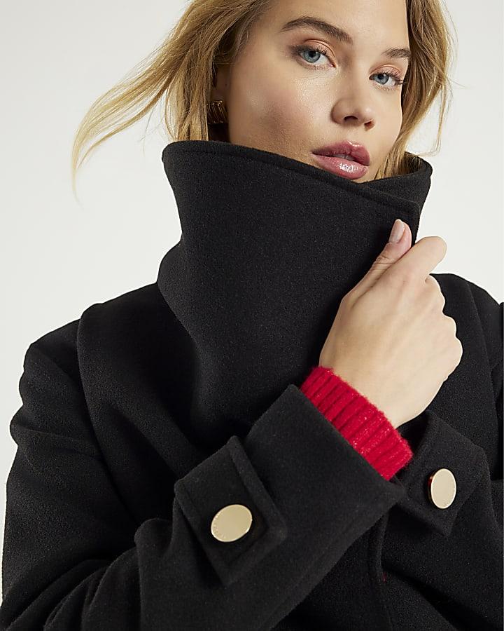 River Island Black Short Wide Collar Wrap Coat