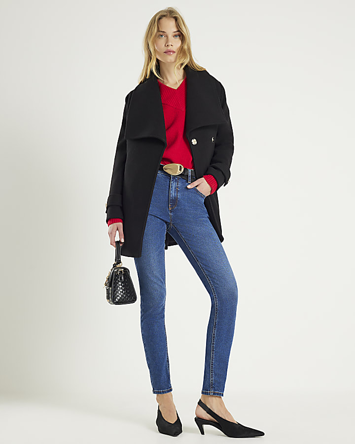 River Island Black Short Wide Collar Wrap Coat