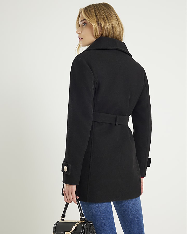 River Island Black Short Wide Collar Wrap Coat