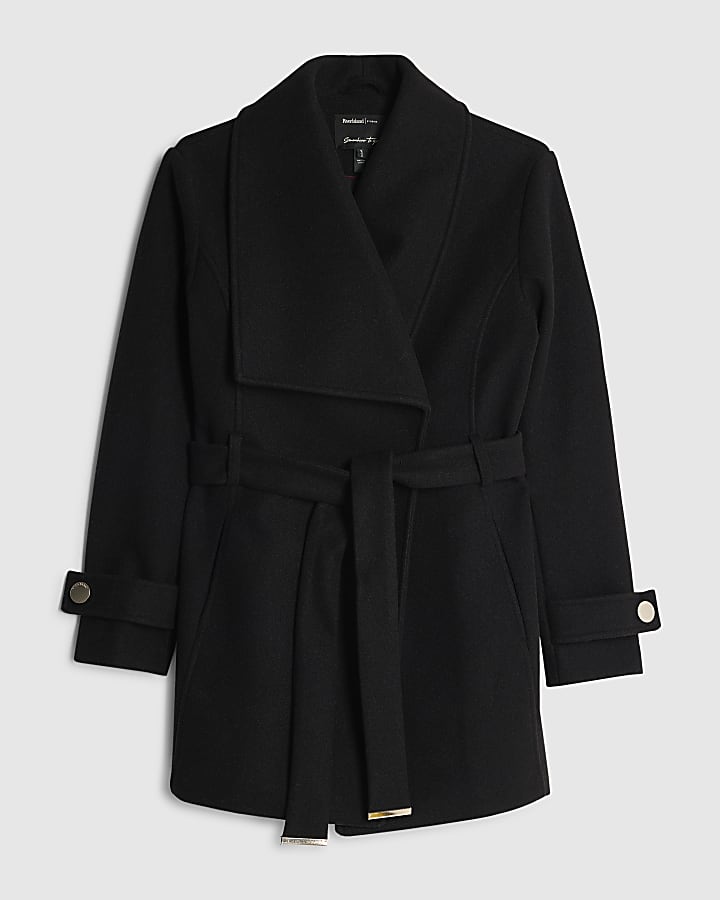 river island Black Short Wide Collar Wrap Coat