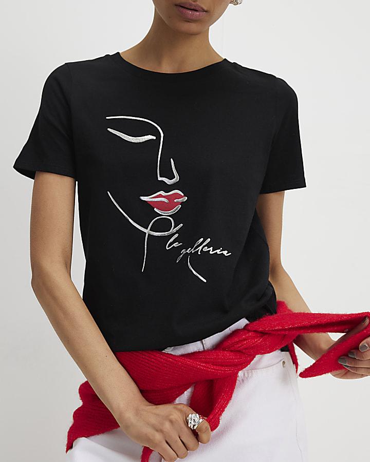 River Island Black Sketchy Face Foil T-Shirt