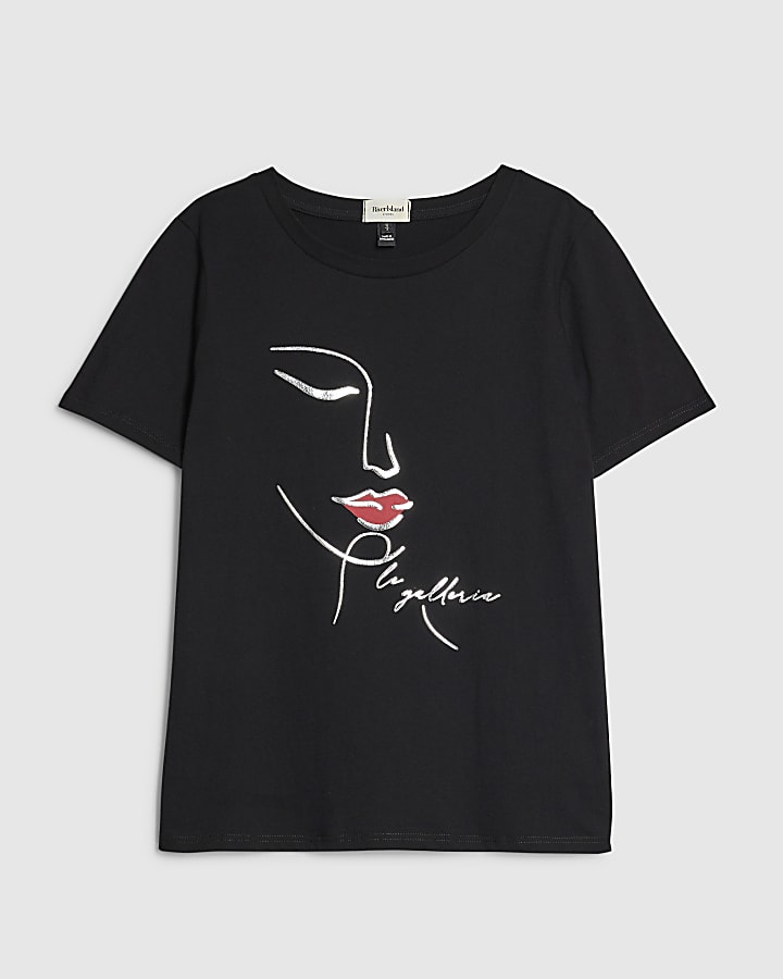 river island Black Sketchy Face Foil T-Shirt