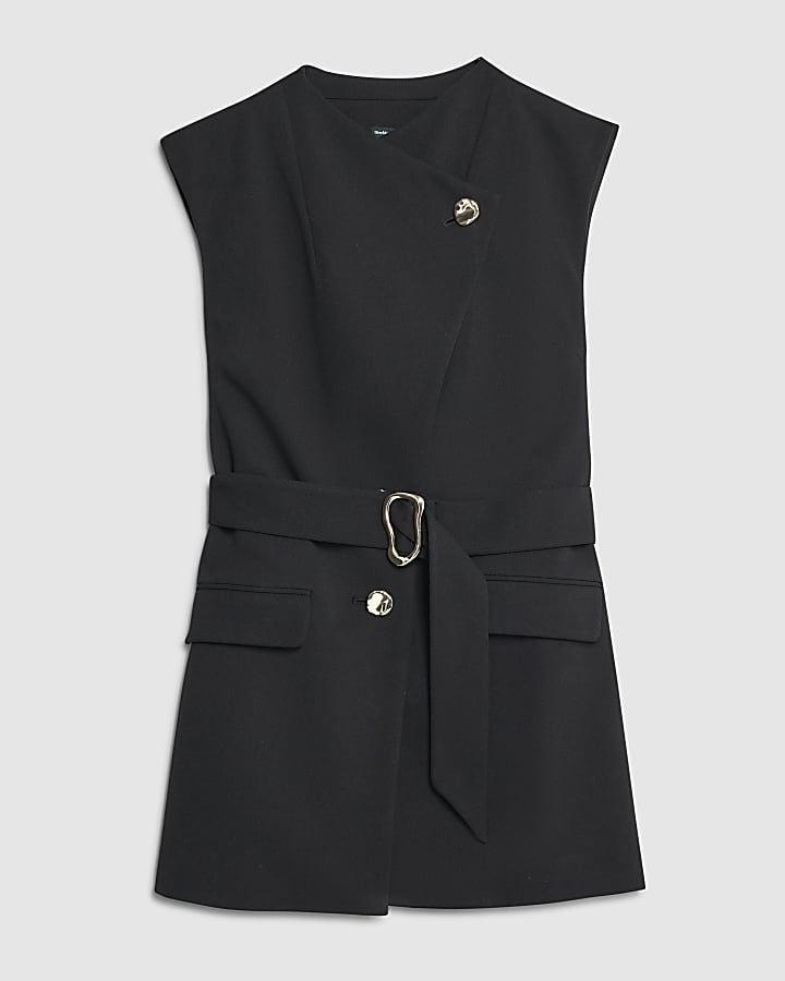 river island Black Sleeveless Belted Waistcoat