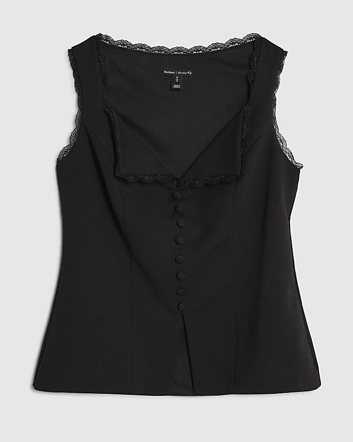 river island Black Sleeveless Lace Trim Waistcoat