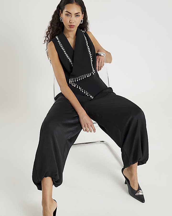 River Island Black Sleeveless Pearl Trim Waistcoat