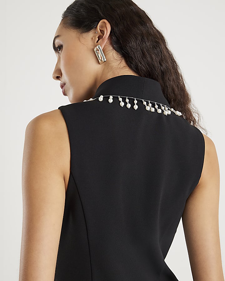 River Island Black Sleeveless Pearl Trim Waistcoat
