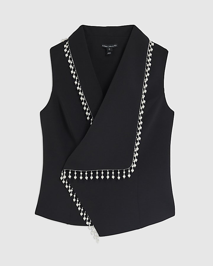 river island Black Sleeveless Pearl Trim Waistcoat