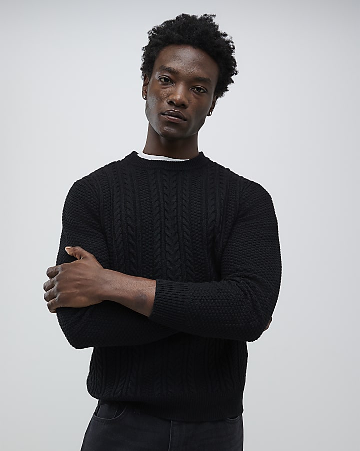 River Island Black Slim Fit Cable Knit Jumper