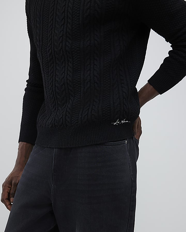 River Island Black Slim Fit Cable Knit Jumper