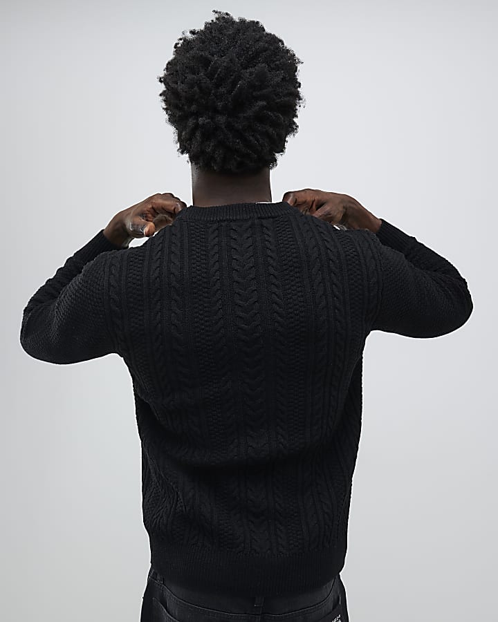 River Island Black Slim Fit Cable Knit Jumper