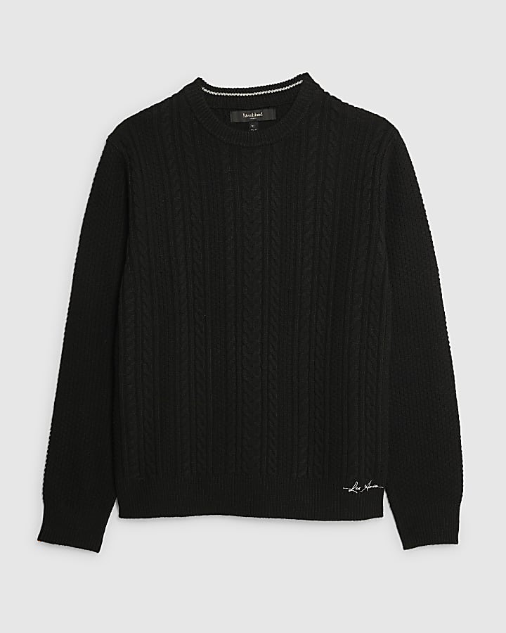 river island Black Slim Fit Cable Knit Jumper